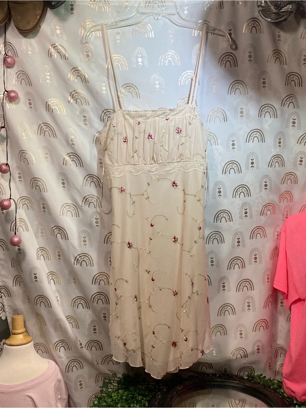 Jessica Simpson Cream Slip Dress with Pink Floral Embroidery